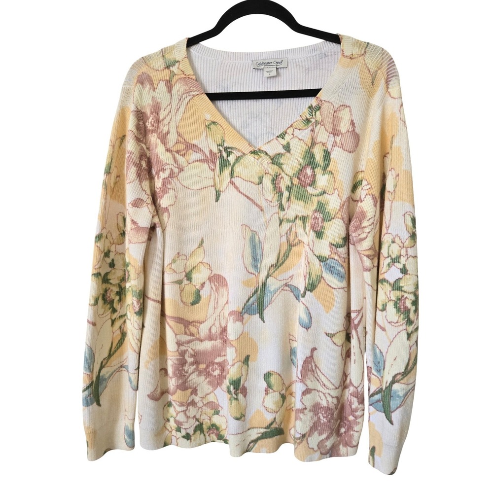 Coldwater Creek Womens L Sweater Yellow Floral V-Neck Ribbed Cotton
